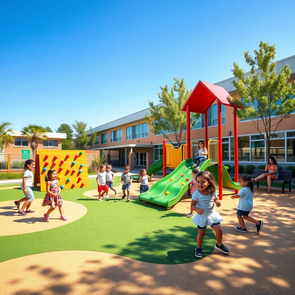Aménagement parc de jeux scolaire moderne avec équipements colorés, sol sécurisé et enfants en pleine activité, intégré dans la cour d'école