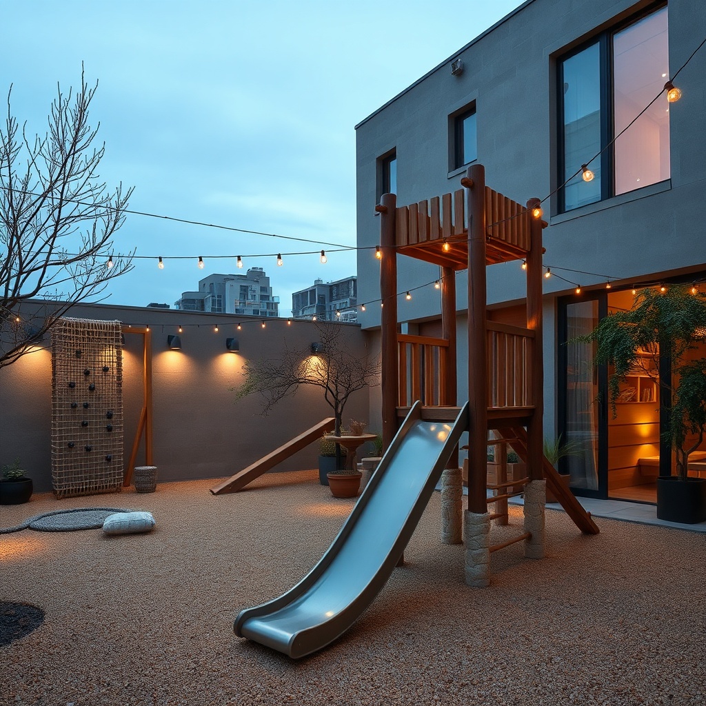 Équipement de jeux extérieurs pour hôtel boutique, structures modernes en corde et bois, intégrées dans une cour paisible avec éclairage chaleureux. Aire de jeux extérieure design pour hôtel, alliant sécurité et esthétique.