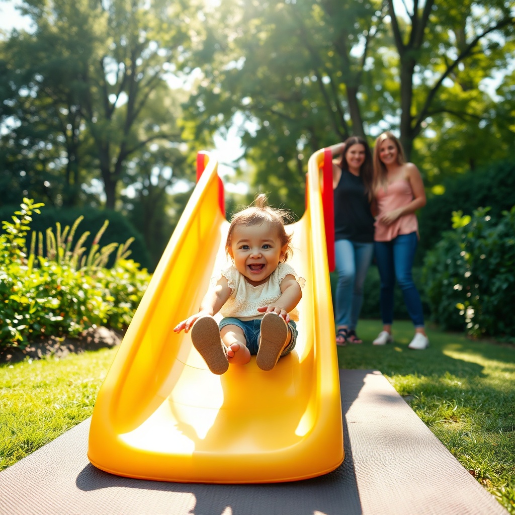 Choisir toboggan extérieur enfant : enfant heureux glissant sur un toboggan en plastique coloré installé dans un jardin sécurisé avec surface souple