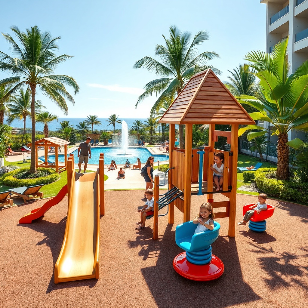 Aire de jeux extérieure pour hôtel avec toboggan, balançoires et modules d'escalade en bois et métal, dans un jardin tropical avec piscine, enfants jouant et parents à proximité. Équipement de jeux extérieurs pour hôtels offrant un espace sécurisé et ludique pour les clients.