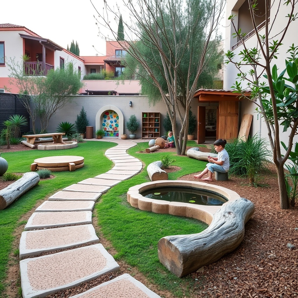 Aire de jeux marocaine avec des jeux sensoriels naturels, un jardin potager et des éléments en bois, dans un cadre résidentiel apaisant.