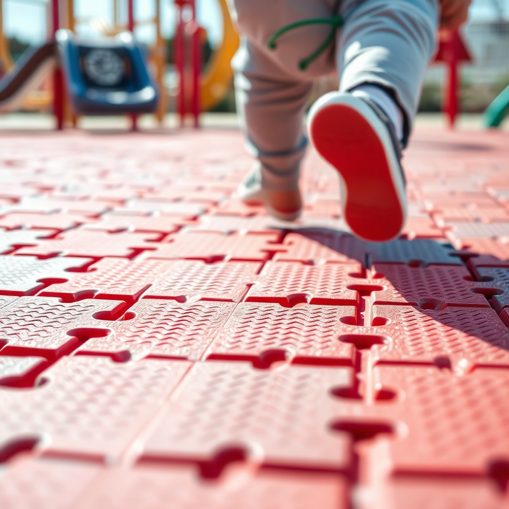 Dalles de caoutchouc pour surface sol aire de jeux, motif en damier rouge et gris, avec enfant démontrant l'absorption des chocs et la sécurité du revêtement.