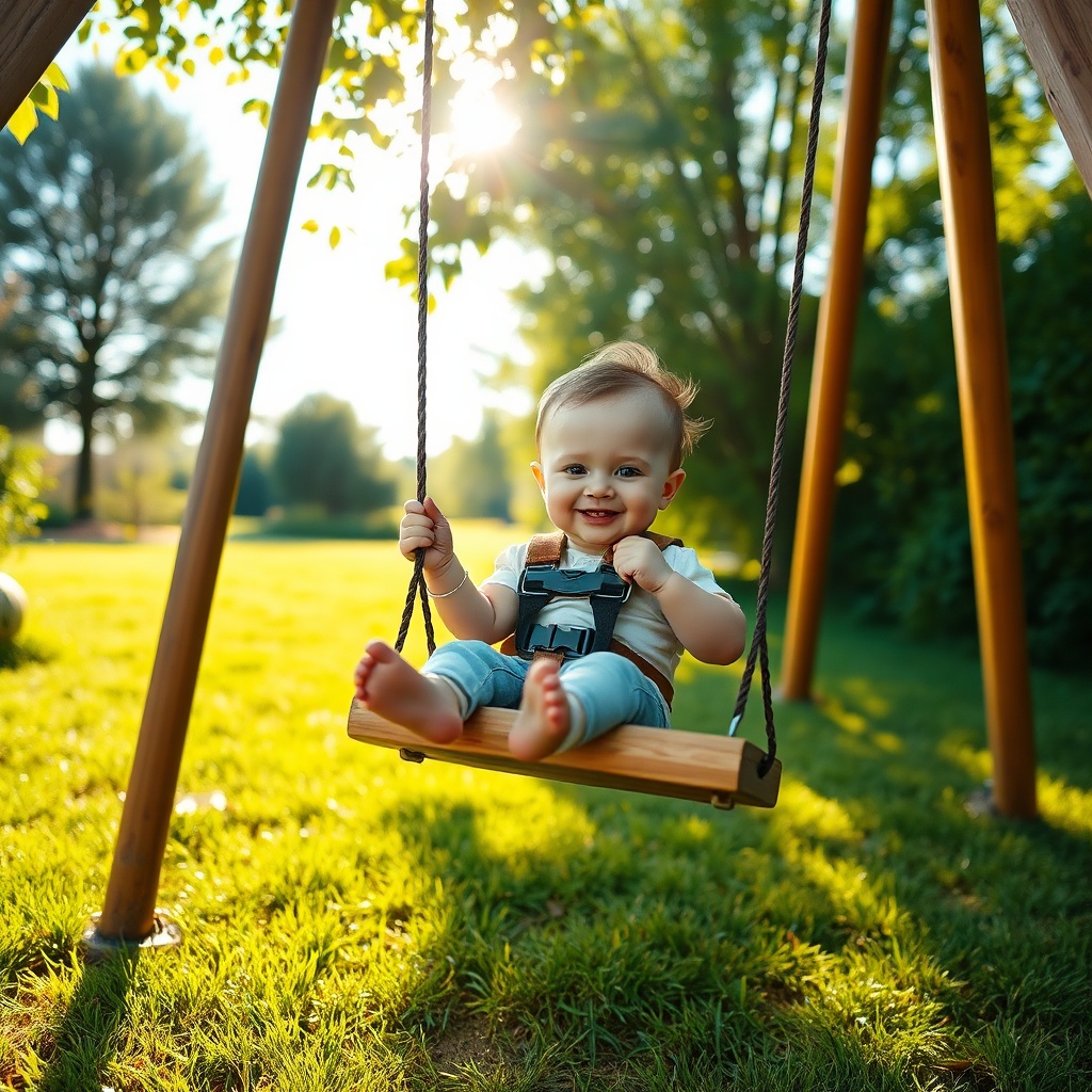 Bébé souriant installé dans une balançoire extérieure sécurisée avec harnais cinq points et ancrage au sol, dans un jardin ensoleillé