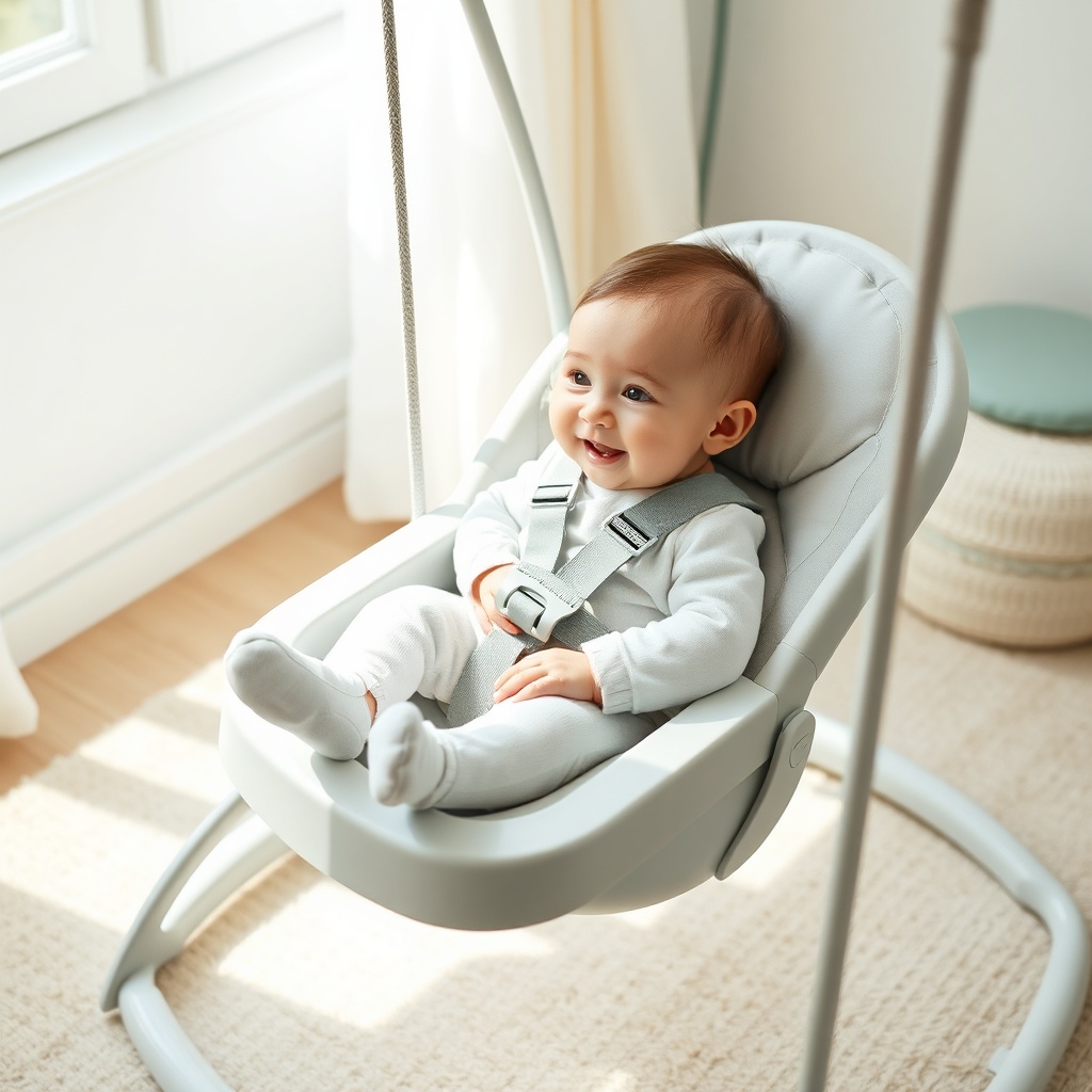 Bébé souriant installé dans une balançoire bébé sécurisée avec harnais 5 points et base large stable, dans une chambre lumineuse aux tons pastel