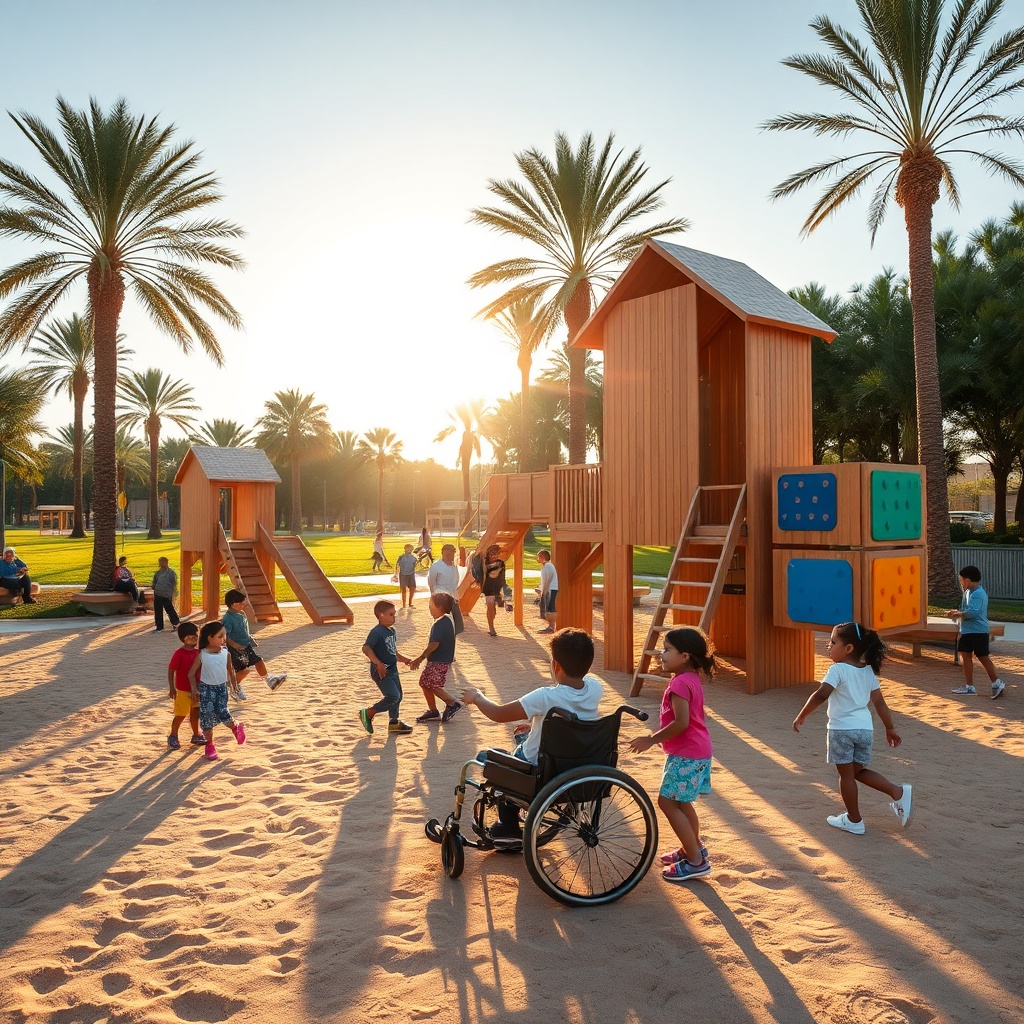 Aire de jeux au Maroc moderne et inclusive avec des structures en bois, une balançoire accessible et des panneaux sensoriels colorés, dans un parc ensoleillé avec palmiers et sable.