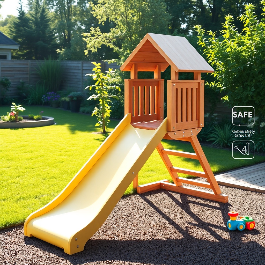 Modern children's garden slide with safety features and durable materials, set in a landscaped backyard, illustrating key considerations for selecting a garden slide