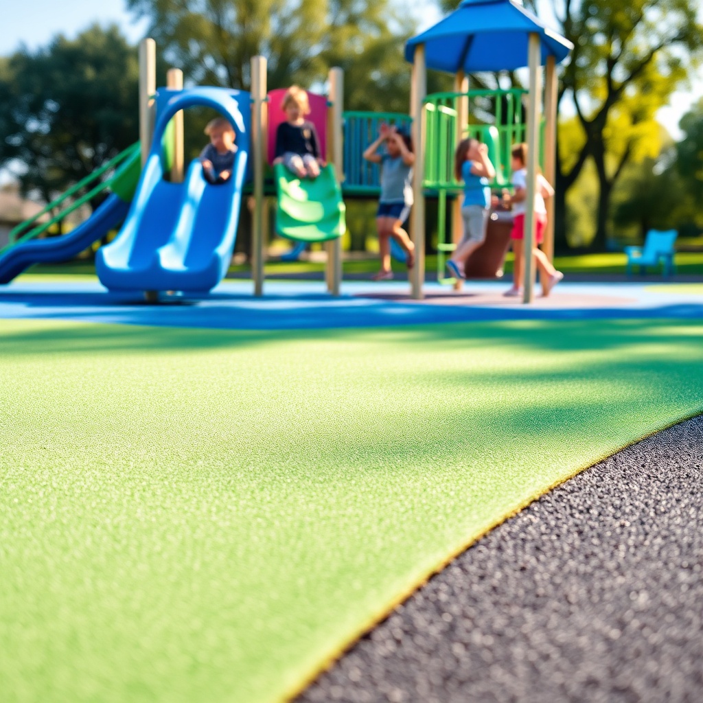 Surface sol aire de jeux en caoutchouc coulé, colorée et amortissante, avec enfants jouant sur des équipements de jeux sécurisés dans un parc extérieur ensoleillé.