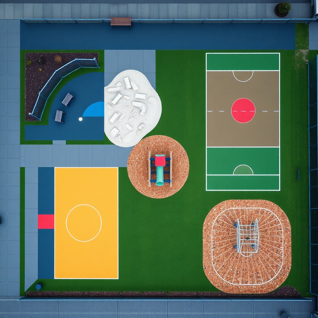 Plan d'aménagement parc de jeux scolaire avec zones distinctes pour différentes activités, sol varié et intégration paysagère