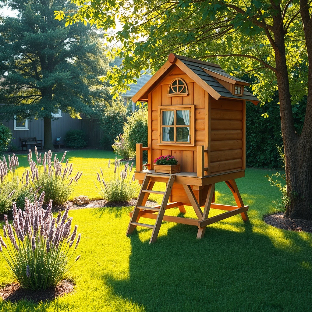 Beautiful cabane enfant en bois elevated on stilts in a sunny garden, surrounded by lavender and trees, creating a magical outdoor play space for kids