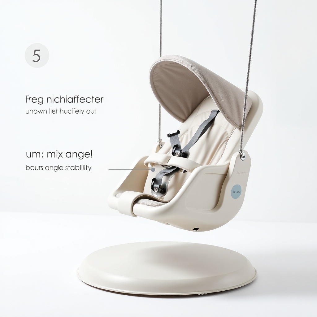 Détail des caractéristiques de sécurité d'une balançoire bébé sécurisée : harnais 5 points, base large et inclinaison optimale, conforme à la norme EN 14036