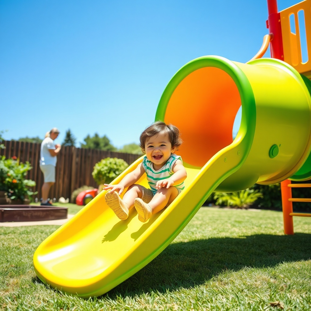Child enjoying a safe and fun spiral garden slide, highlighting the importance of age-appropriate play equipment for outdoor development