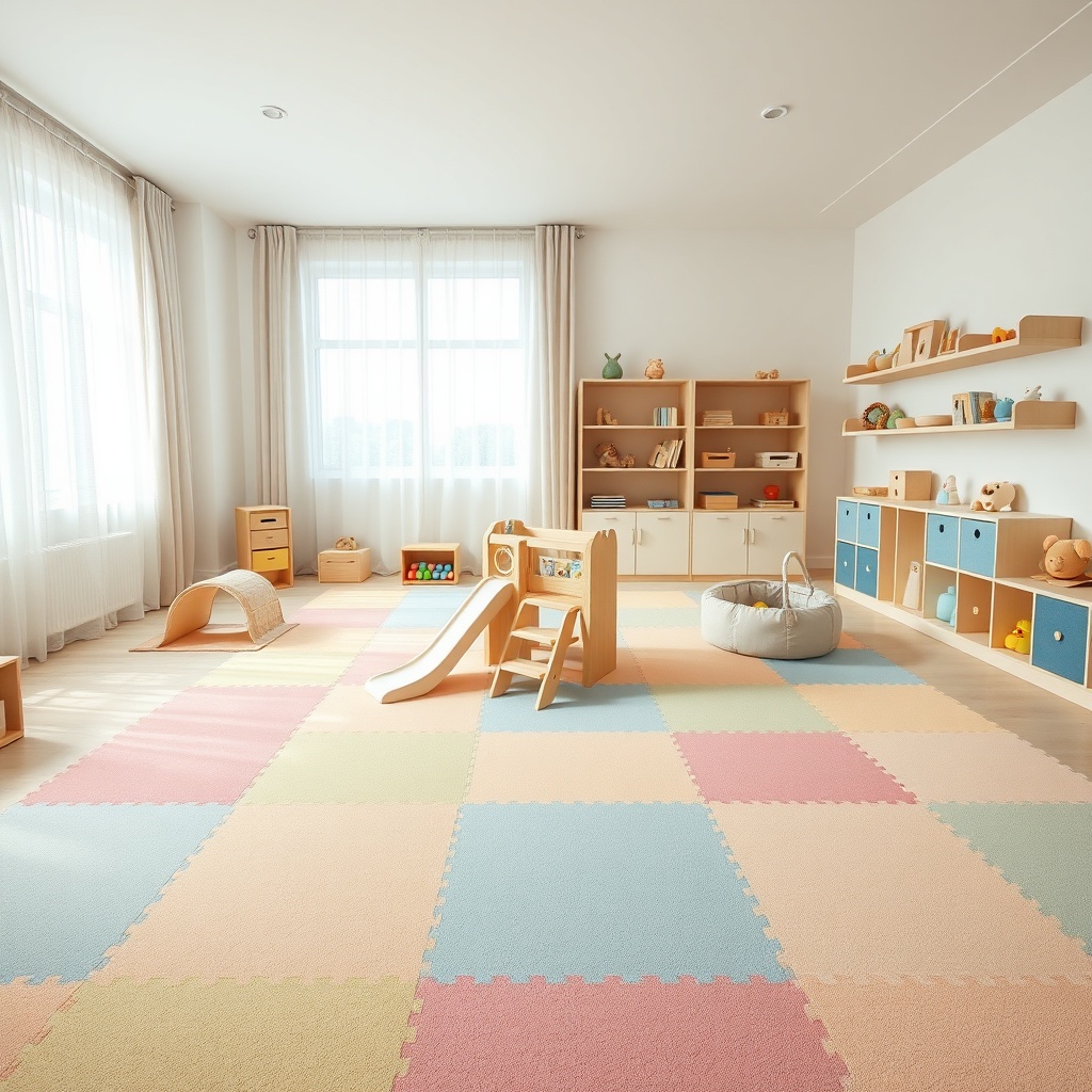 Équipements de jeux pour crèche dans un espace intérieur sécurisé et lumineux, incluant structure de motricité, tapis d'éveil et jouets adaptés aux tout-petits.
