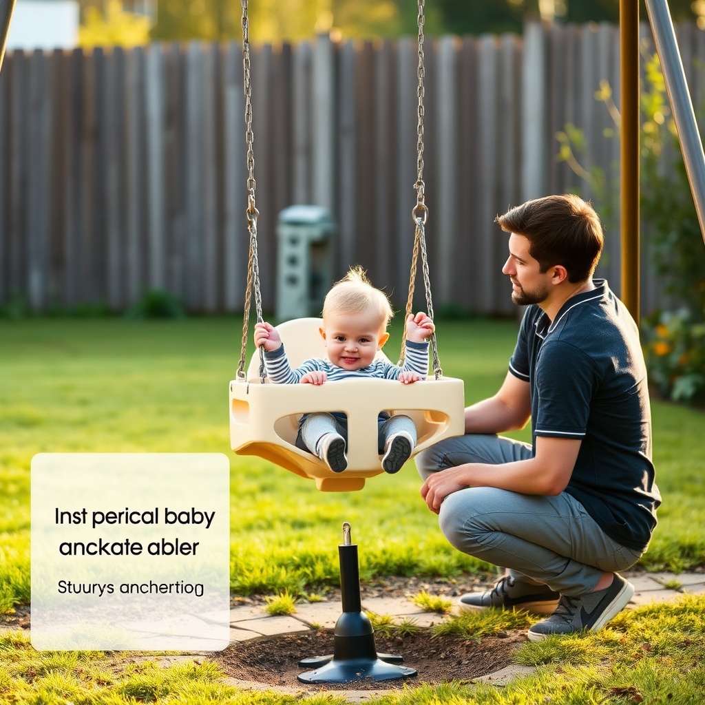 Parent surveillant activement un bébé sur une balançoire extérieure sécurisée, avec un ancrage solide visible dans un jardin