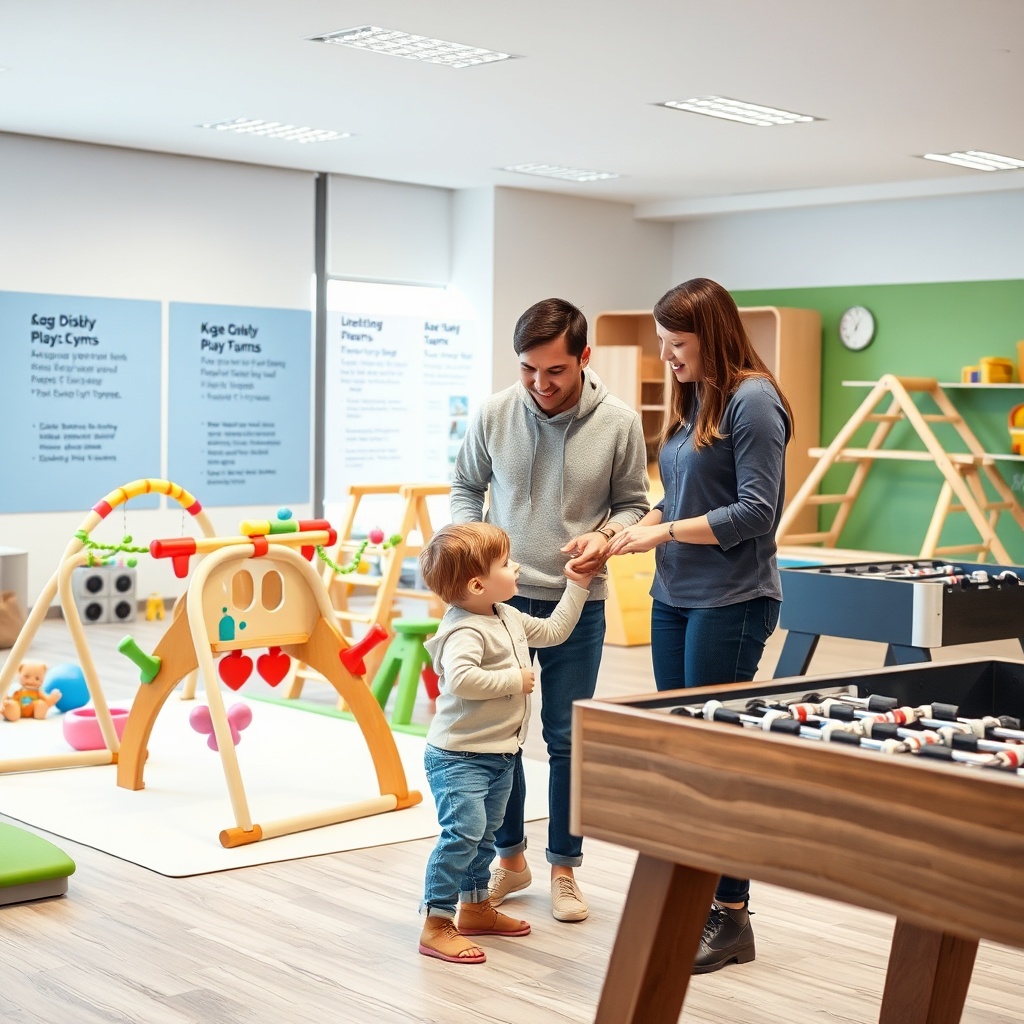 Choix d'un équipement de jeux pour chaque âge en magasin avec un conseiller présentant des structures adaptées aux bébés, tout-petits, enfants et adolescents.