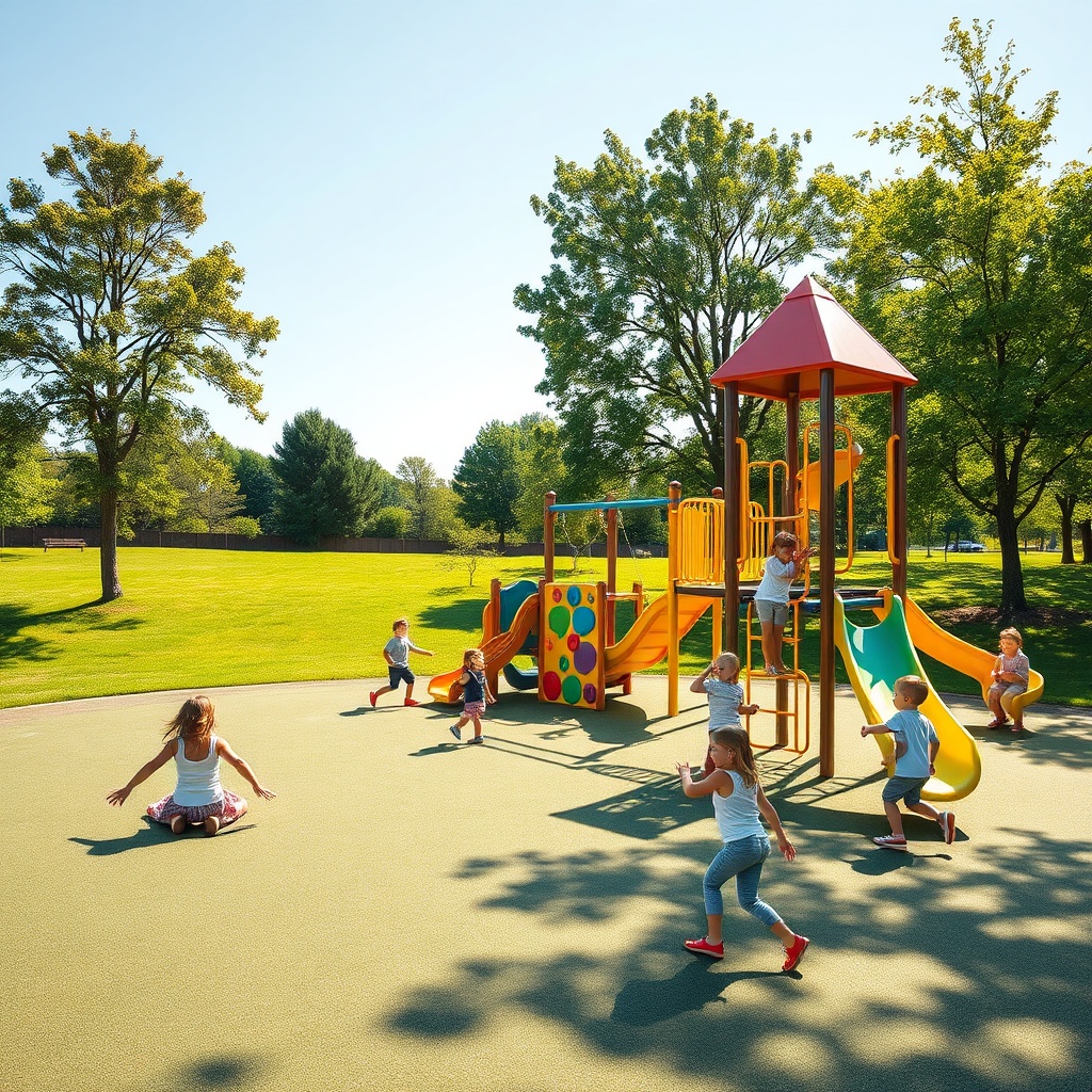 Équipement de jeux pour chaque âge dans un parc extérieur avec zones séparées pour tout-petits, enfants d'âge préscolaire et plus grands, sur un sol sécurisé et coloré.