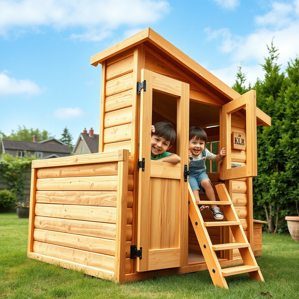 Kids playing in a sturdy cabane enfant en bois, climbing the ladder and using it as a secret hideout, promoting outdoor active play and imagination