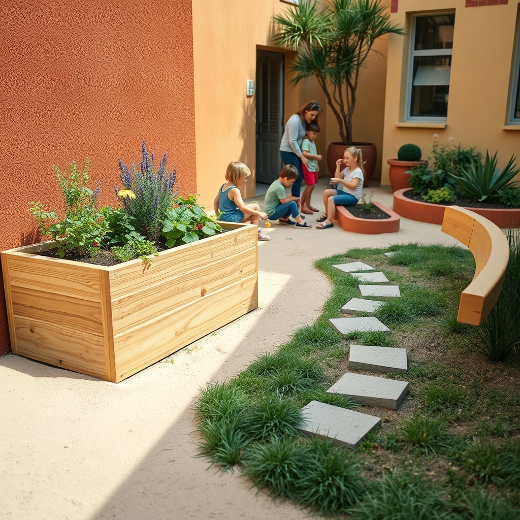 Aménager une cour d'école avec un potager pédagogique et des coins calmes pour apprendre au contact de la nature.