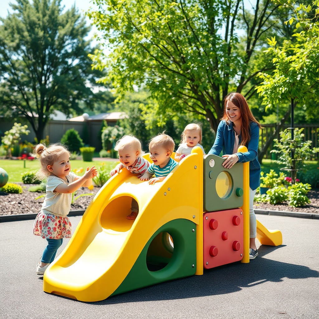 Jeux pour crèche en extérieur : enfants de 0 à 3 ans jouant sur une structure de motricité sécurisée avec toboggan et tunnel, sous la supervision d'une éducatrice.